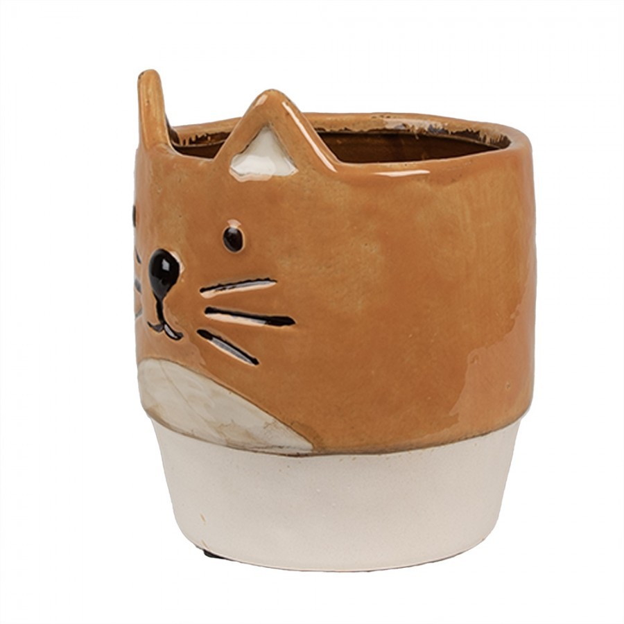 Hnědý keramický květináč ve tvaru kočky Cat - Ø 11*13 cm