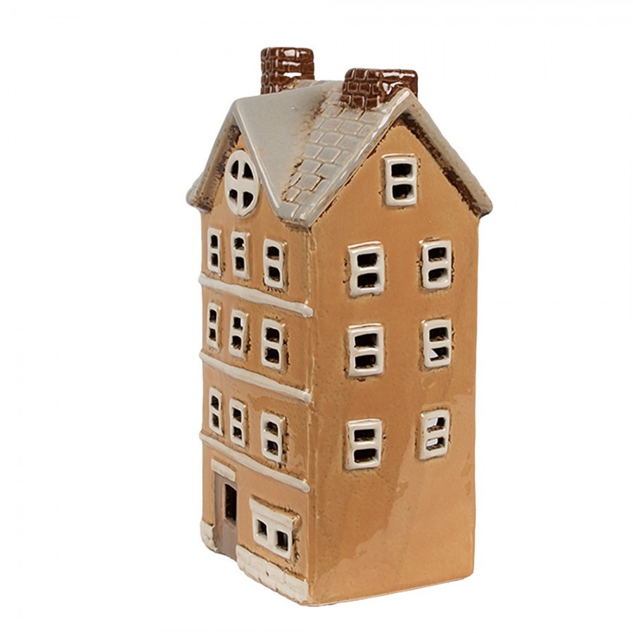 Hnědý keramický svícen na čajovou svíčku domek Amster Village - 11*9*22 cm