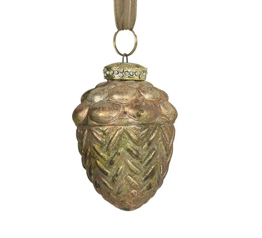 Zeleno-zlatá antik skleněná dekorace žalud - Ø 6*8 cm