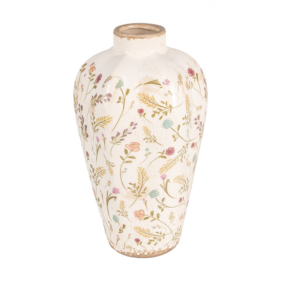 Béžová keramická váza s kvítky Floral Cartoon S - Ø 17*30 cm