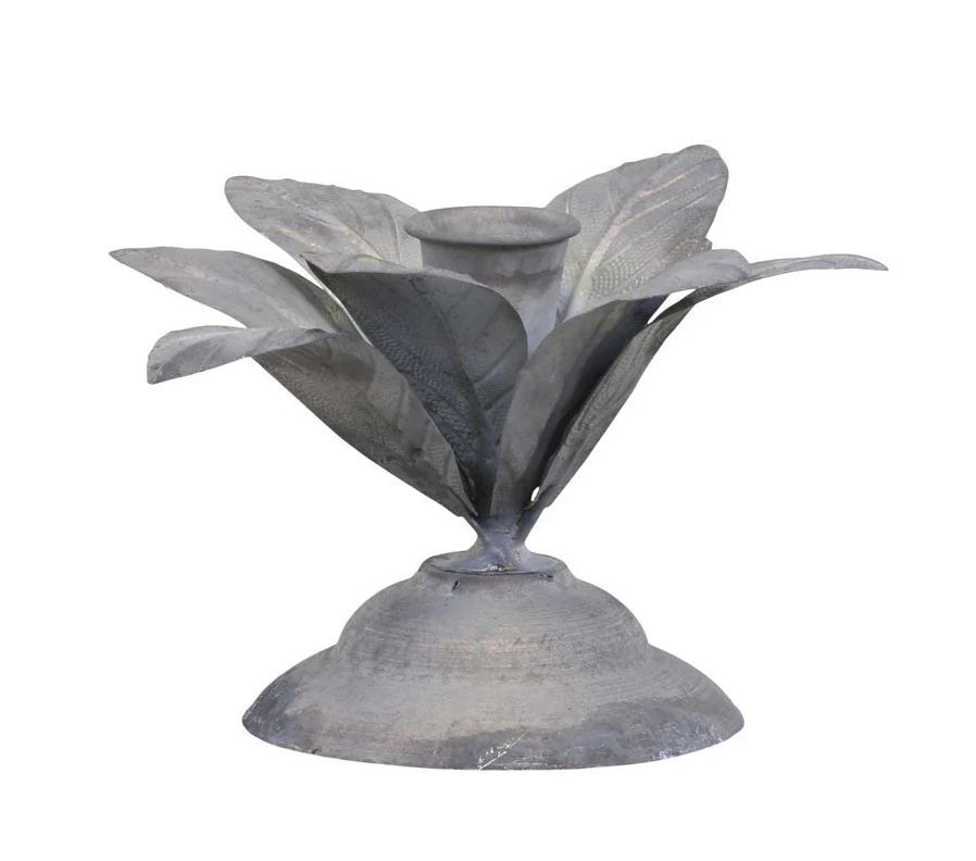Zinkový antik kovový svícen na úzkou svíčku s květem Flower - Ø 12*9 cm
