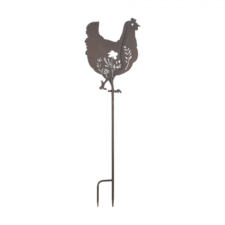 Hnědá antik zahradní dekorace zápich slepice - 32*2*113 cm