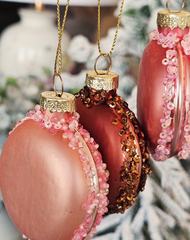 Set 6ks růžová skleněná ozdoba makronka Macrons - Ø 6*2,5 cm