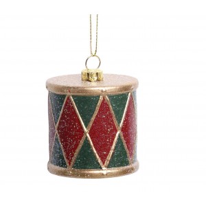 Červeno-zelená vánoční ozdoba Vintage buben - Ø 6*6 cm