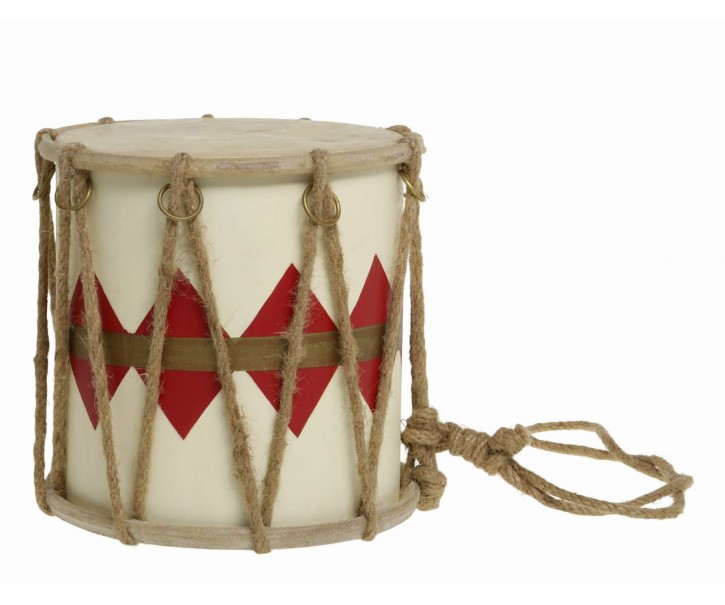 Červeno-bílý vánoční dřevěný buben s kůží Drum Vintage - Ø 17*16 cm