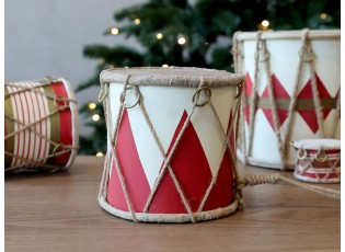 Červeno-bílý vánoční dřevěný buben s kůží Drum Vintage - Ø 15*12 cm