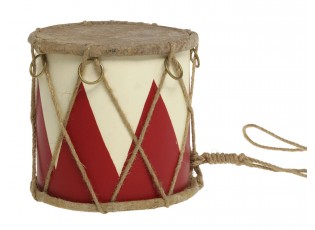 Červeno-bílý vánoční dřevěný buben s kůží Drum Vintage - Ø 15*12 cm