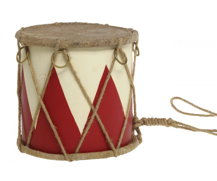 Červeno-bílý vánoční dřevěný buben s kůží Drum Vintage - Ø 15*12 cm