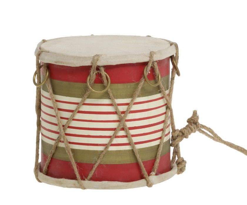Červeno-bílý vánoční dřevěný buben s kůží Drum Vintage - Ø 11*10 cm