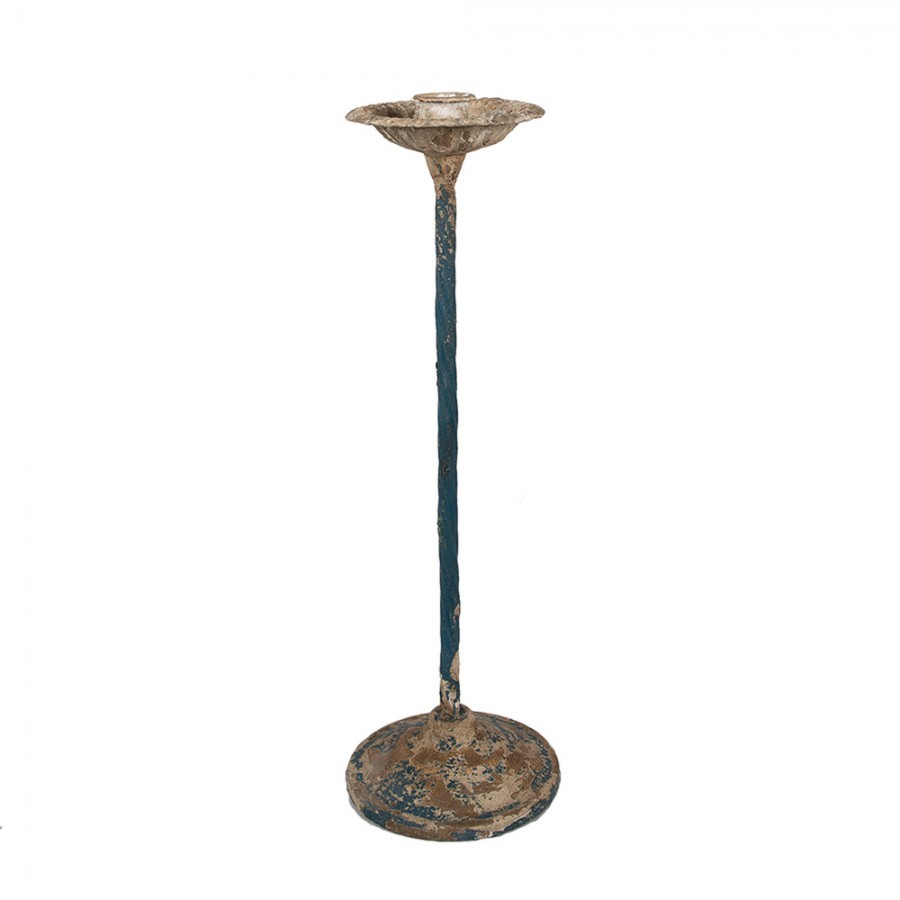 Béžovo modrý vintage kovový svícen na úzkou svíčku - 11*35 cm Clayre & Eef