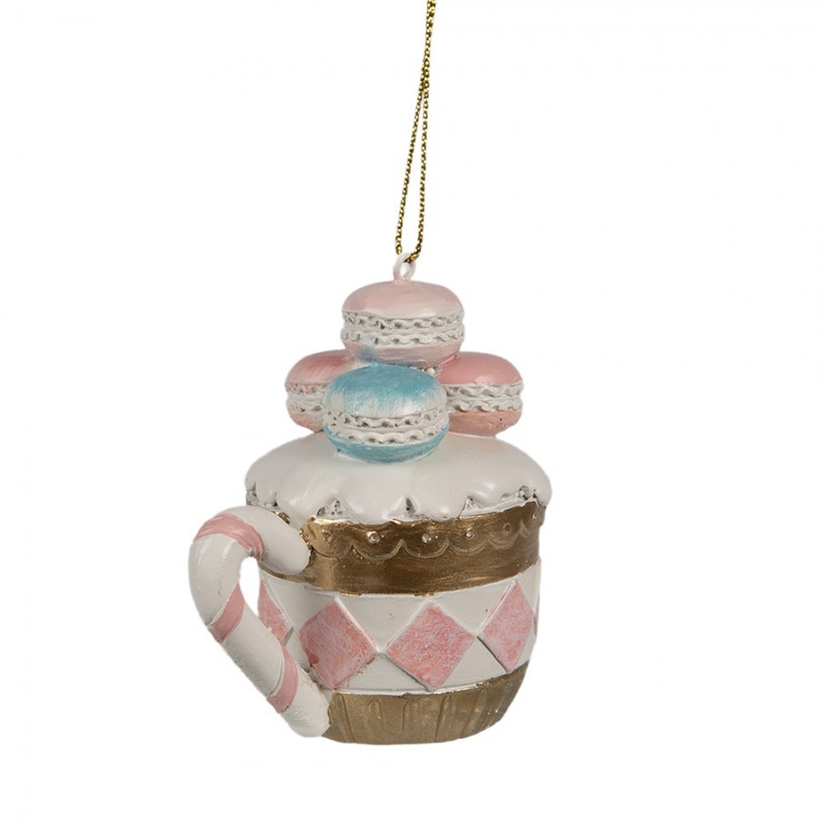 Růžovo-zlatá vánoční ozdoba hrnek Macrons - 6*4*7 cm