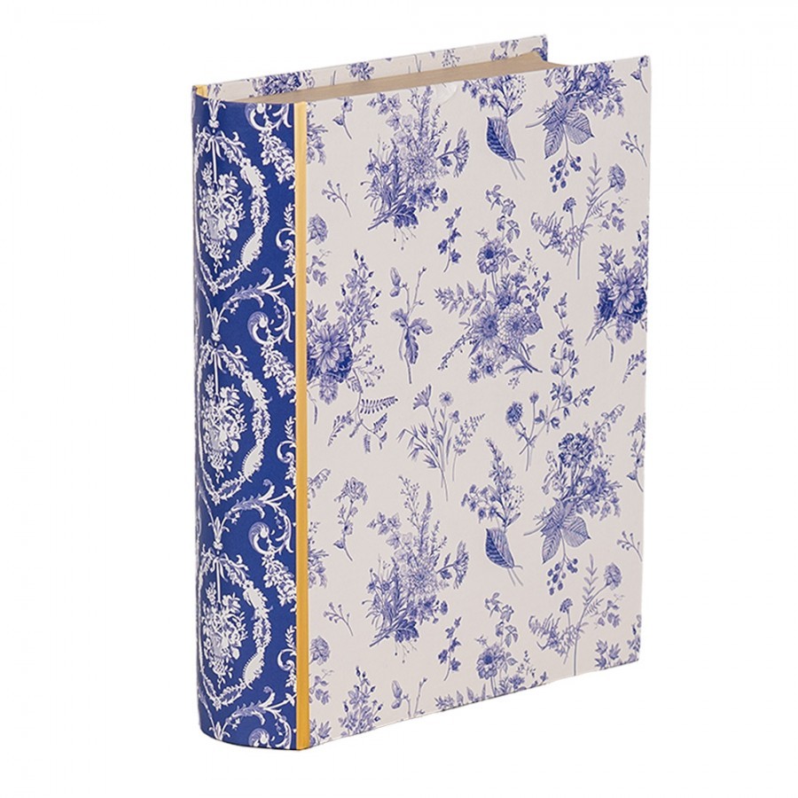 Bílo-modrý úložný box s květy ve tvaru knihy Book Van - 17*14*5 cm