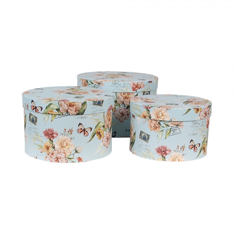3ks modrý kulatý box s květy - Ø 24*16 / Ø 22*15 / Ø 21*13 cm
