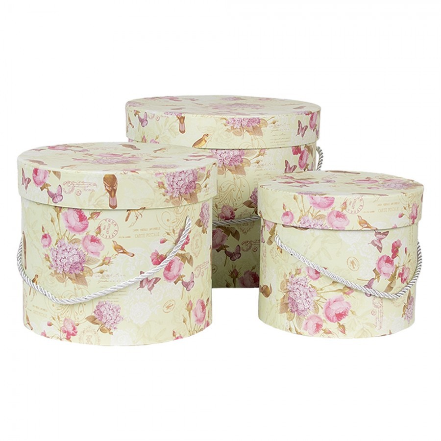 3ks zelený kulatý box s růžovými květy - Ø 23*20 / Ø 20*17 / Ø 17*14 cm