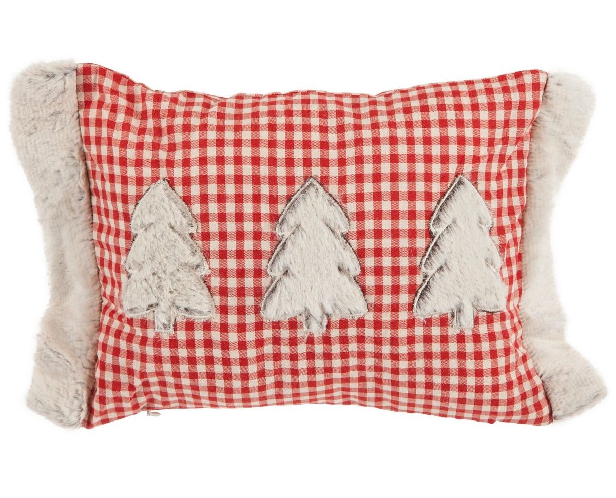 Bílo-červený károvaný polštář se stromky Snow - 32*24 cm