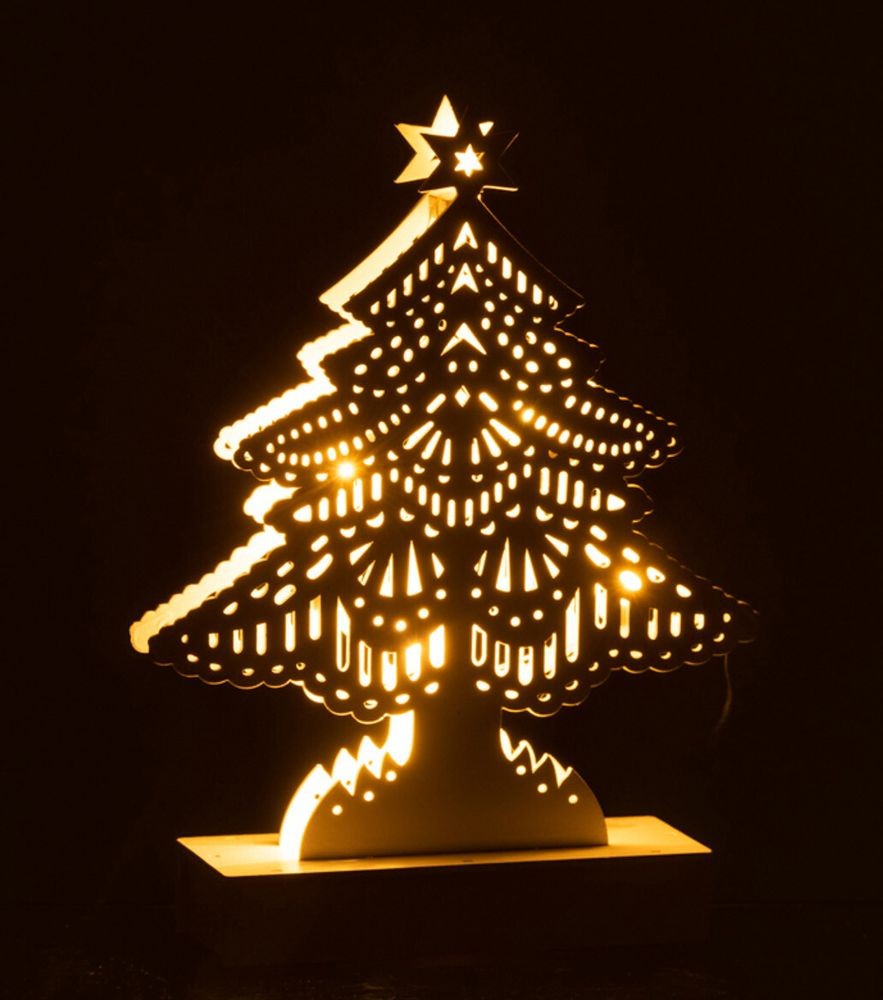 Dekorace bílý dřevěný stromek s led světýlky - 15*4*23 cm