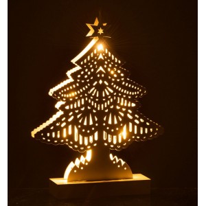 Dekorace bílý dřevěný stromek s led světýlky - 19*5*28 cm