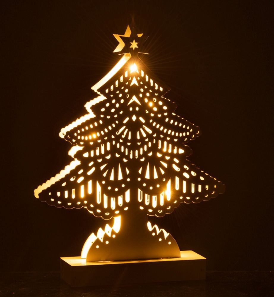 Dekorace bílý dřevěný stromek s led světýlky - 19*5*28 cm
