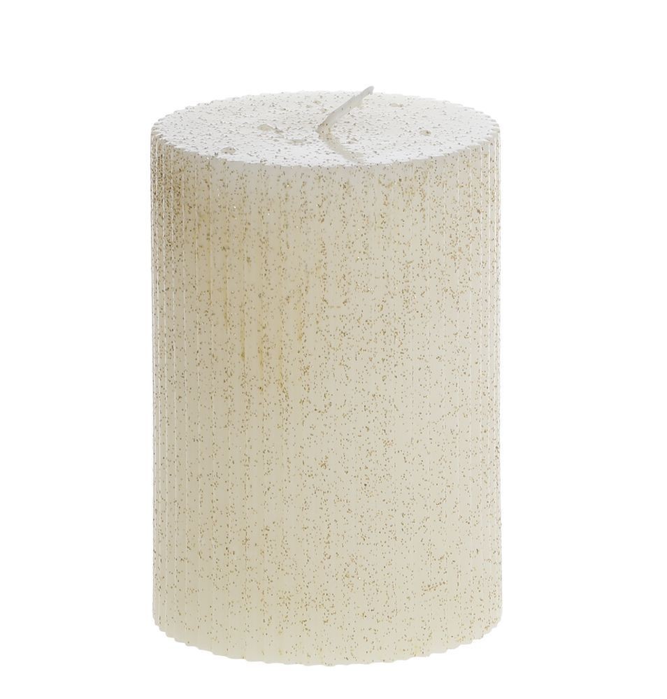 Krémová široká svíčka s drážkami a třpytkami Macon - Ø 7*10cm / 40h