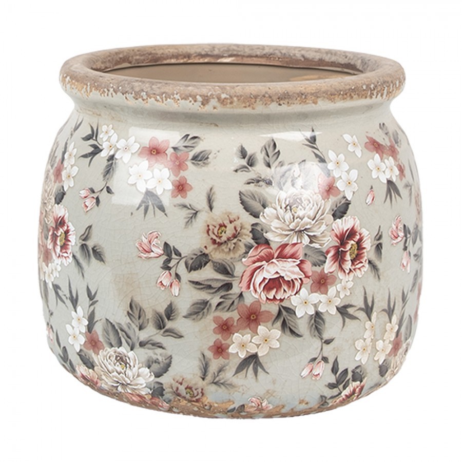 Šedý keramický dekorační květináč s květy Floria M - Ø 16*13 cm 