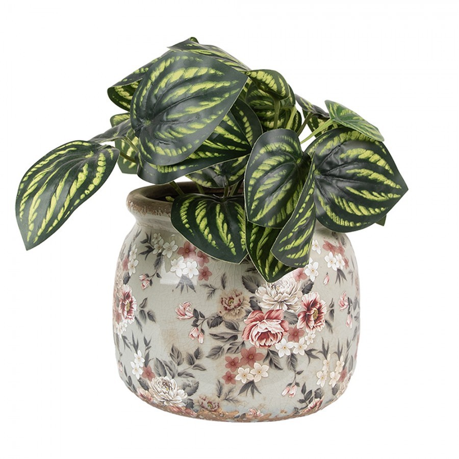 Šedý keramický dekorační květináč s květy Floria M - Ø 16*13 cm 