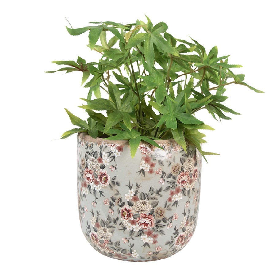 Šedý keramický dekorační květináč s květy Floria XL - Ø 19*18 cm 