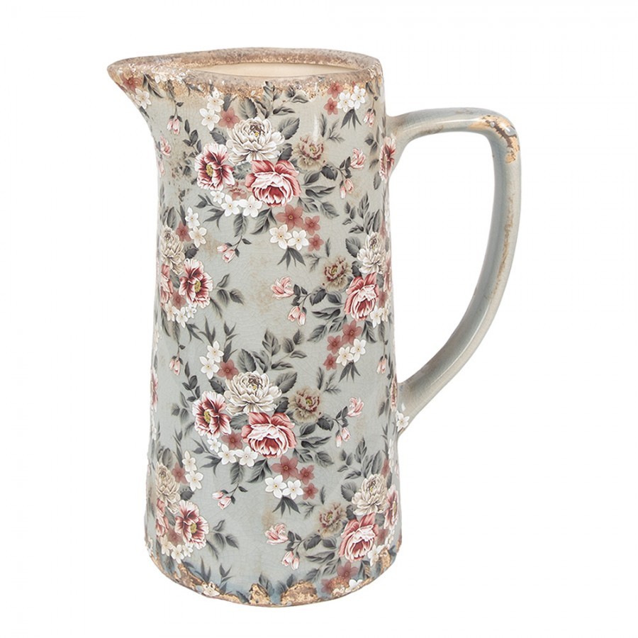 Šedý keramický dekorační džbán s květy Floria L - 21*14*26 cm 