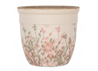 Béžový antik keramický obal na květináč s růžovo-zelenými květy L - Ø 18*17 cm 
