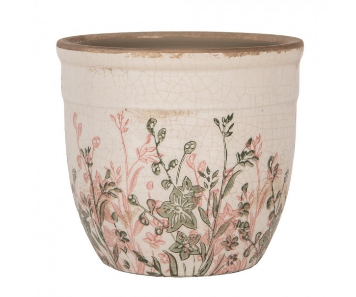 Béžový antik keramický obal na květináč s růžovo-zelenými květy M - Ø 16*14 cm Clayre & Eef