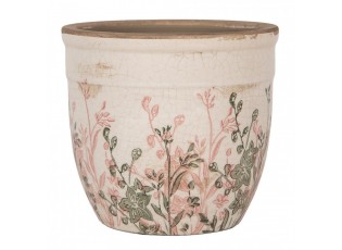 Béžový antik keramický obal na květináč s růžovo-zelenými květy M - Ø 16*14 cm