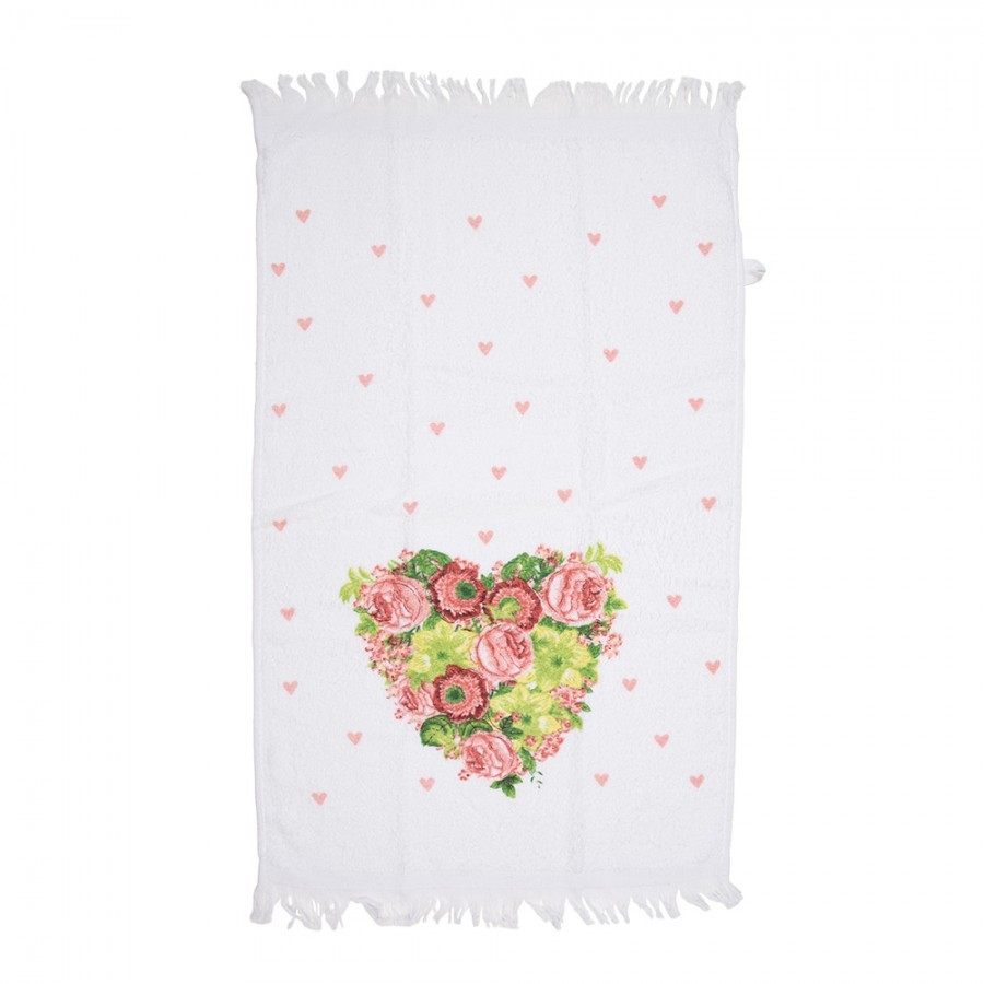 Levně Bílý kuchyňský froté ručník se srdíčkem z květů - 40*66 cm CT033