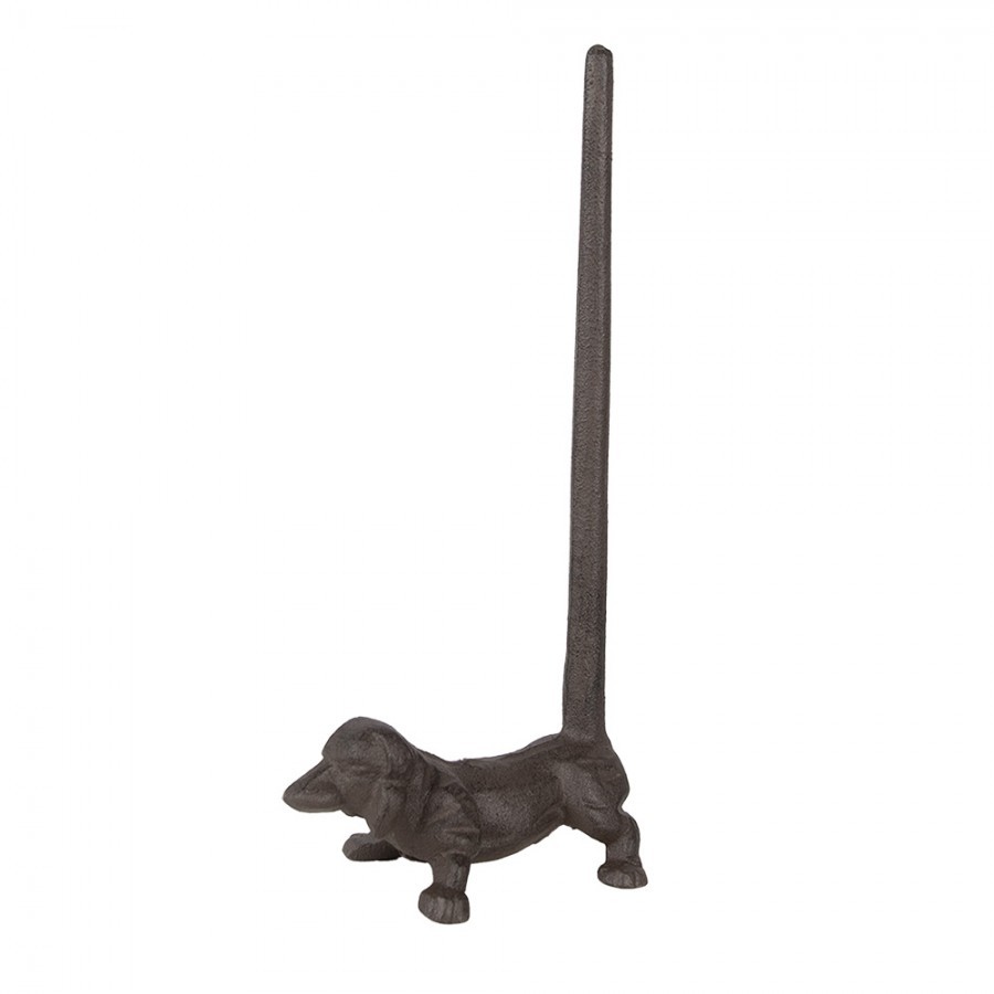 Hnědý litinový stojan na kuchyňské utěrky s jezevčíkem - 14*8*30 cm