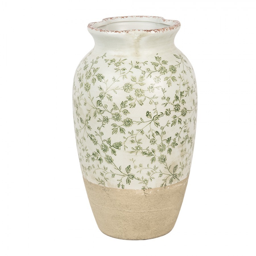 Béžová keramická váza se zelenými květy Jenia L - Ø 21*37 cm 