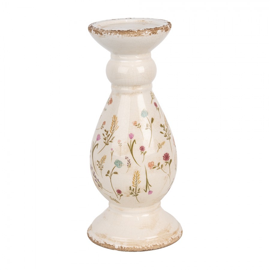Béžový keramický svícen s kvítky Floral Cartoon L - Ø 14*32 cm