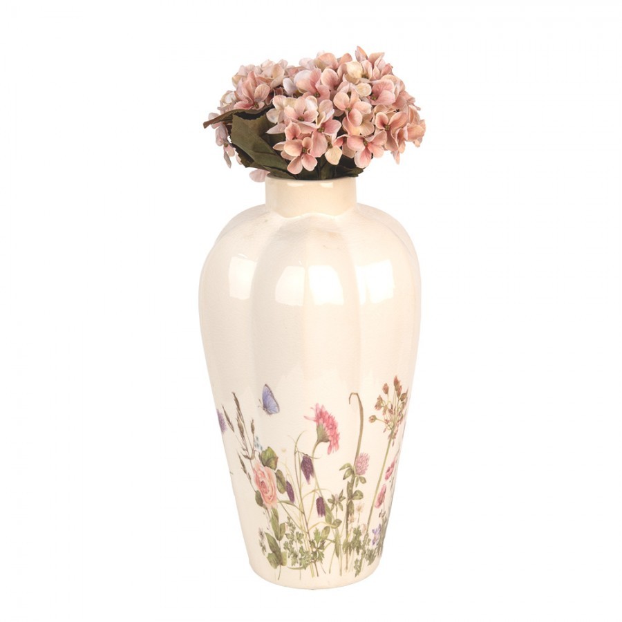 Béžová keramická váza s lučními květy Flowers of Love M - Ø 21*34 cm