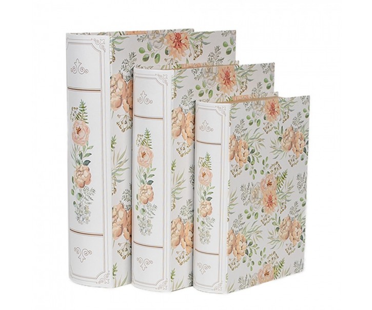 Storage Box Set Of 3 Books 29x24x7/25x20x6/22x16x5 Cm White Green Cardboard Flowers Rectangle - 7,00 cm Clayre & Eef