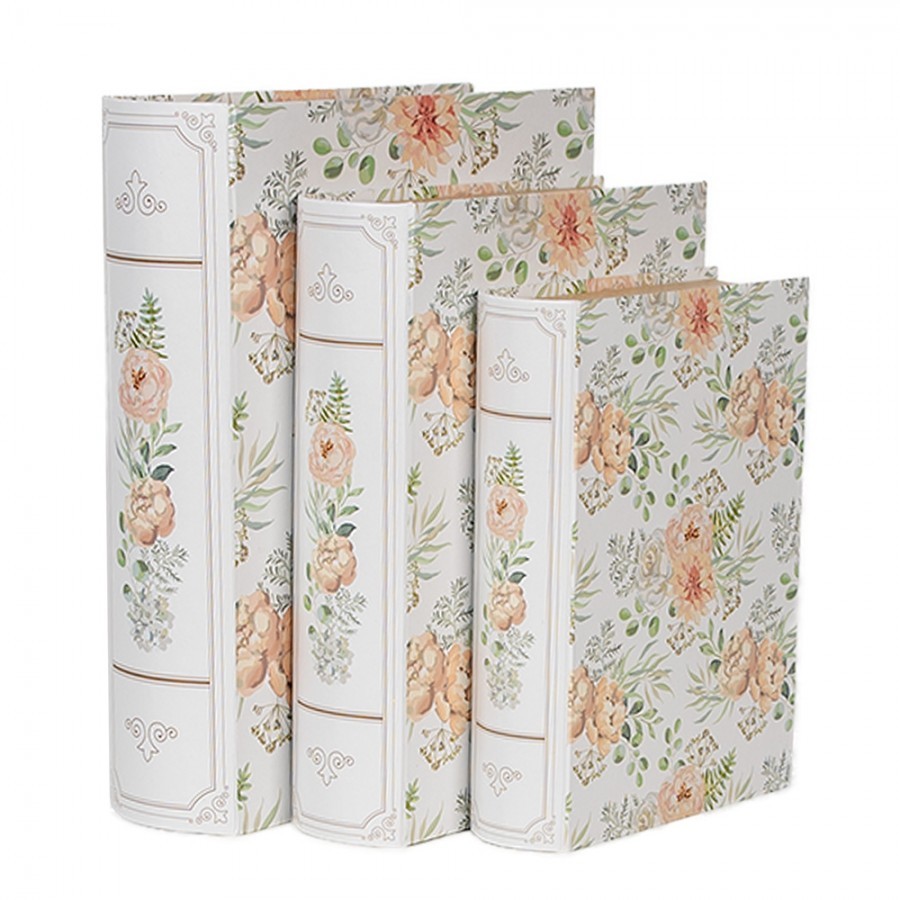 Storage Box Set Of 3 Books 29x24x7/25x20x6/22x16x5 Cm White Green Cardboard Flowers Rectangle - 7,00 cm