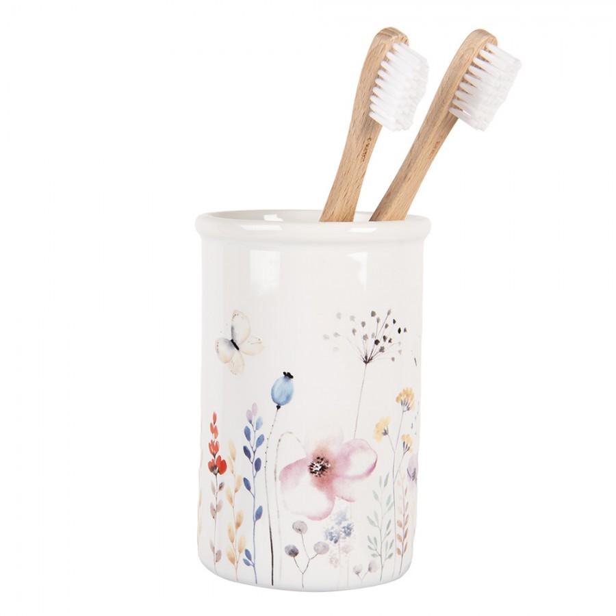 Keramický kelímek na zubní kartáčky s lučními květy - Ø 8*12 cm 