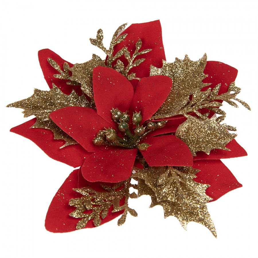 Dekorace červená květina vánoční hvězda Poinsettia - 14*5 cm 