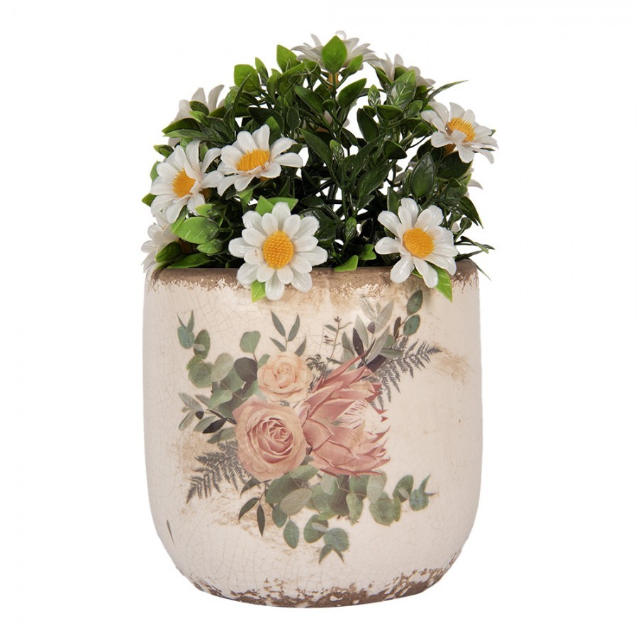 Béžový keramický květináč s květy Protea Eucalypt M - Ø 14*13 cm 