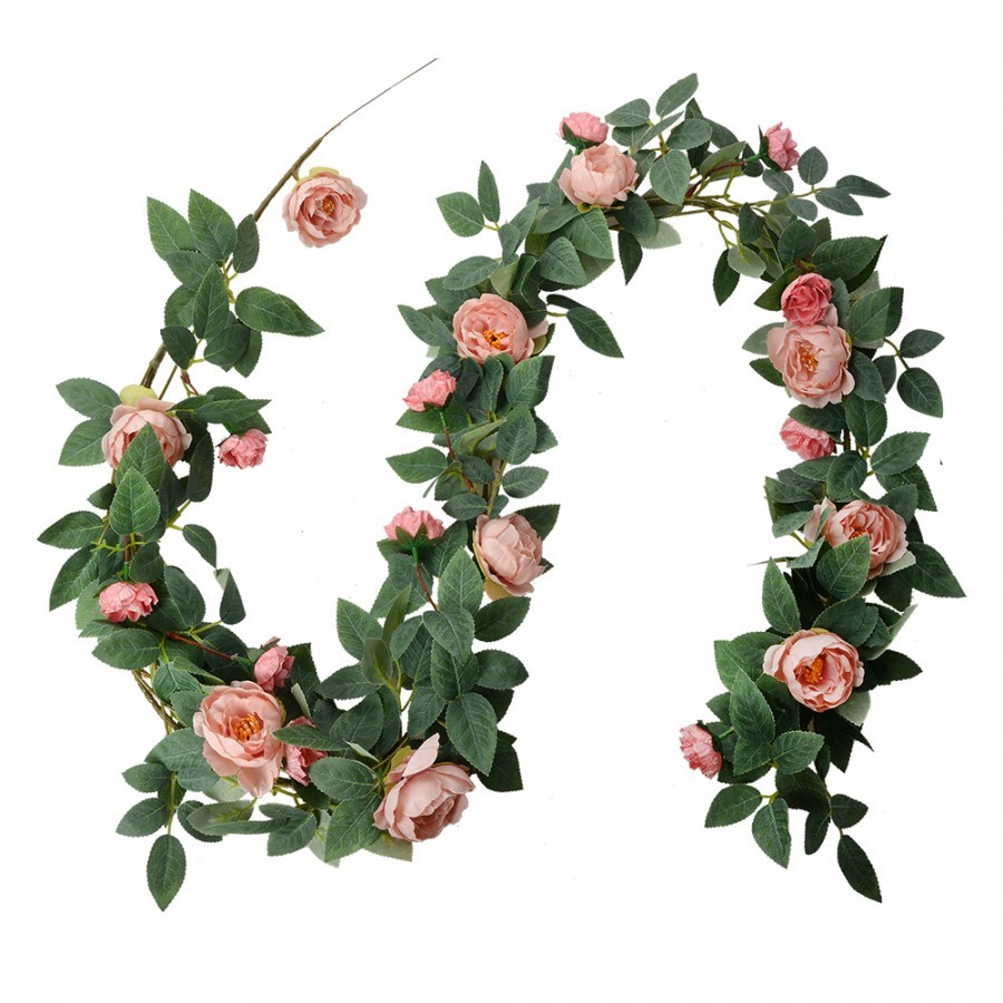 Artificial Flower Garland 150 Cm Pink Green Plastic Roses - 10*10*150 cm