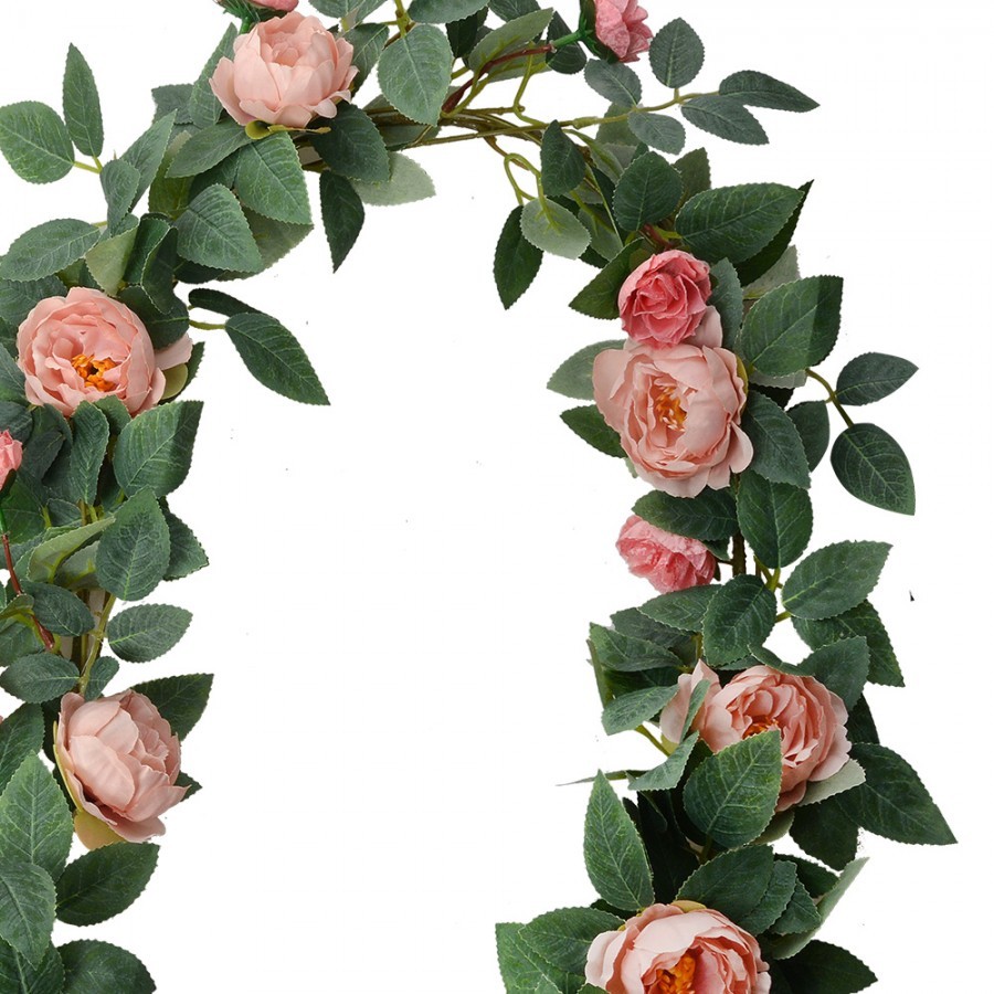 Artificial Flower Garland 150 Cm Pink Green Plastic Roses - 10*10*150 cm