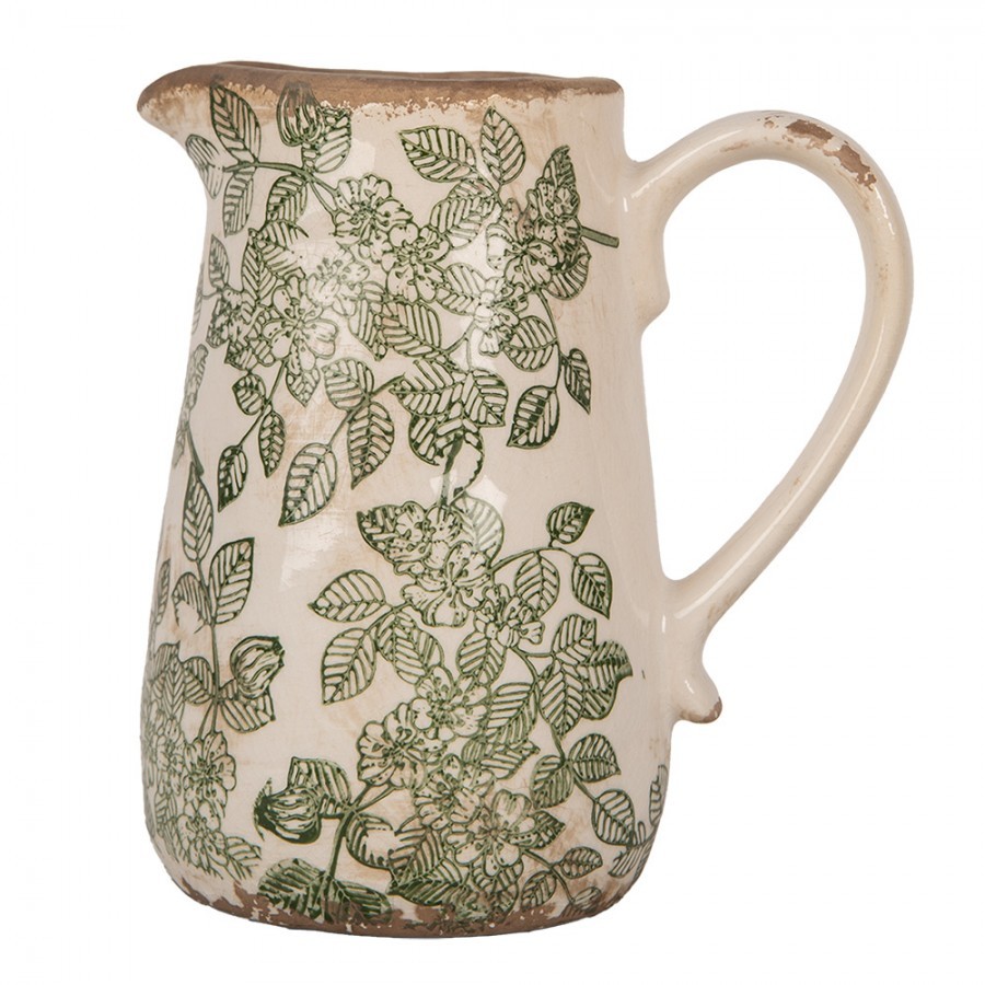 Béžový keramický džbán se zelenými květy Flora M - 16*12*18 cm