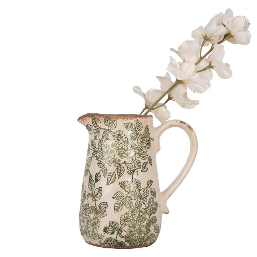 Béžový keramický džbán se zelenými květy Flora M - 16*12*18 cm