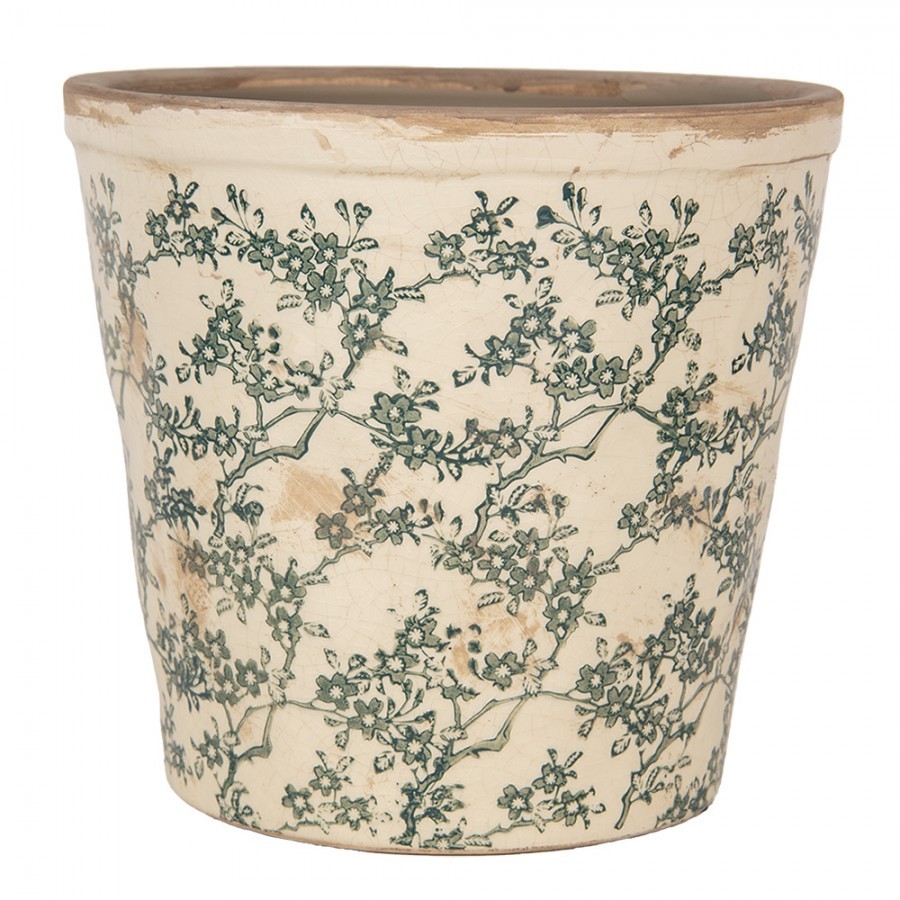 Keramický obal na květináč se zelenými kvítky Gian L - Ø 21*20 cm 6CE1976L