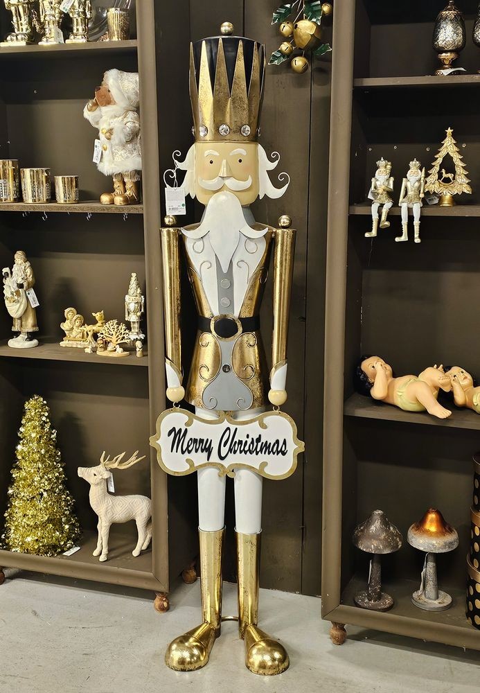 Zlatá kovová dekorace socha Louskáček Merry Christmas - 27*28*165 cm