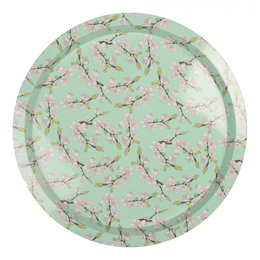 Tray ? 32x2 Cm Green Metal Flowers Round - 32,00 cm