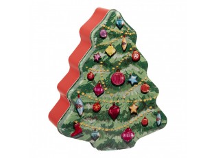 Červeno-zelená plechová dóza vánoční stromek - 15*18*7 cm