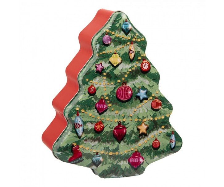 Červeno-zelená plechová dóza vánoční stromek - 15*18*7 cm