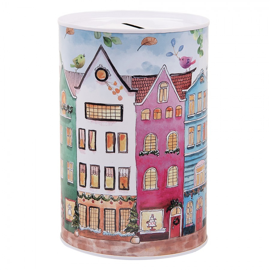 Modrá plechová dóza kasička s domky Amsterdam - Ø 10*15 cm